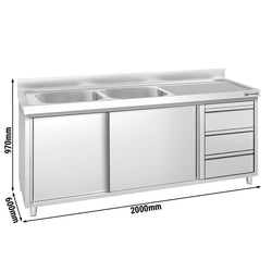 Szafka zlewozmywakowa PREMIUM – 2000 x 600 mm – z 3 szufladami i 2 zlewami po lewej stronie