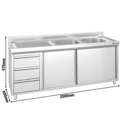 Szafka zlewozmywakowa PREMIUM – 2000 x 600 mm – z 3 szufladami i 2 zlewami po prawej stronie