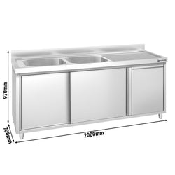 Szafka zlewozmywakowa PREMIUM – 2000 x 700 mm – z koszem na śmieci i 2 zlewami po lewej stronie