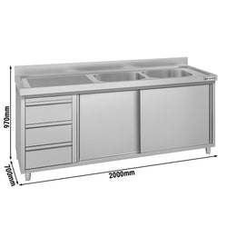 Szafka zlewozmywakowa ECO – 2000 x 700 mm – z 3 szufladami i 2 zlewami po prawej stronie