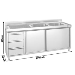 Szafka zlewozmywakowa PREMIUM – 2000 x 700 mm – z 3 szufladami i 2 zlewami po prawej stronie