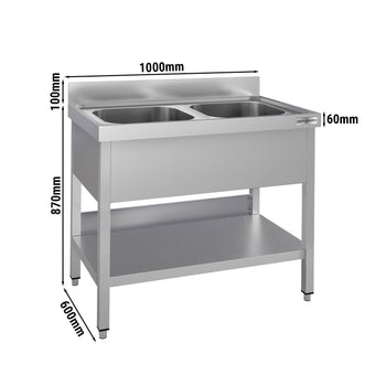 Stół zlewozmywakowy ECO - 1000x600 mm - z półką dolną & 2 zlewami w środku - Prime Gastro