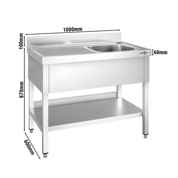 Stół zlewozmywakowy PREMIUM 1000x600 mm - z półką dolną i 1 zlewem po prawej stronie - Prime Gastro
