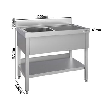 Stół zlewozmywakowy ECO - 1000x700 mm - z półką dolną i 1 zlewem po lewej stronie - Prime Gastro