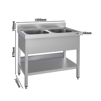 Stół zlewozmywakowy ECO - 1000x700 mm - z półką dolną & 2 zlewami w środku - Prime Gastro