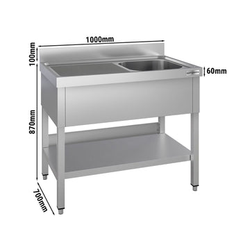 Stół zlewozmywakowy ECO - 1000x700 mm - z półką dolną i 1 zlewem po prawej stronie - Prime Gastro
