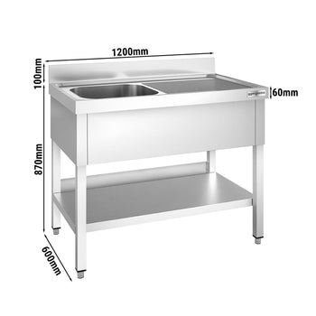 Stół zlewozmywakowy PREMIUM 1200x600 mm - z półką dolną i 1 zlewem po lewej stronie - Prime Gastro
