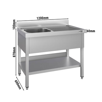 Stół zlewozmywakowy ECO - 1200x600 mm - z półką dolną i 1 zlewem po lewej stronie - Prime Gastro