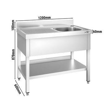 Stół zlewozmywakowy PREMIUM 1200x600 mm - z półką dolną i 1 zlewem po prawej stronie - Prime Gastro