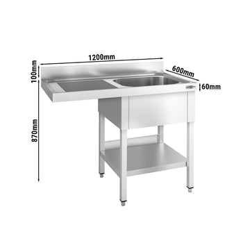 Stół zlewozmywakowy dla zmywarki do naczyń - 1200x600 mm - z 1 zlewem po prawej stronie - Prime Gastro