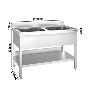 Stół zlewozmywakowy PREMIUM - 1200x700 mm - z półką dolną & 2 zlewami w środku - Prime Gastro