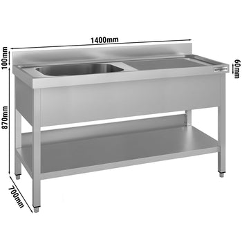 Stół zlewozmywakowy ECO - 1400x700 mm - z półką dolną i 1 zlewem po lewej stronie - Prime Gastro