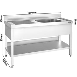 Stół ze zlewem PREMIUM - 1600x600x970mm - z półką - 1-komorowy komora po prawej stronie skręcany
