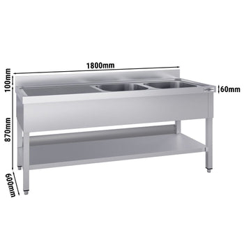 Stół zlewozmywakowy ECO - 1800x600 mm - z półką dolną i 2 zlewami po prawej stronie - Prime Gastro