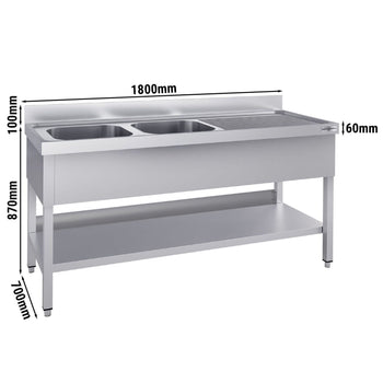 Stół zlewozmywakowy ECO - 1800x700 mm - z półką dolną i 2 zlewami po lewej stronie - Prime Gastro