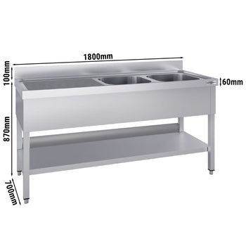 Stół zlewozmywakowy ECO - 1800x700 mm - z półką dolną i 2 zlewami po prawej stronie - Prime Gastro