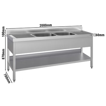 Stół zlewozmywakowy ECO - 2000x700 mm - z półkami dolnami & 2 zlewami w środku - Prime Gastro