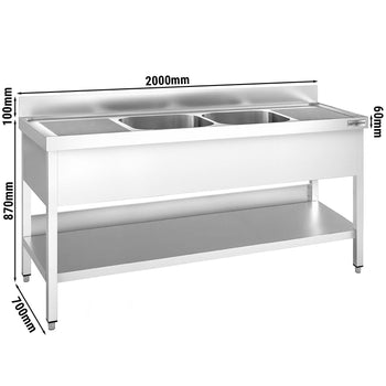Stół zlewozmywakowy PREMIUM - 2000x700mm - z dolną półką i 2 zlewami w środku - Prime Gastro