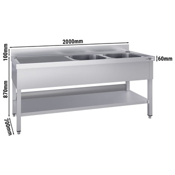 Stół zlewozmywakowy ECO - 2000x700 mm - z półką dolną i 2 zlewami po prawej stronie - Prime Gastro