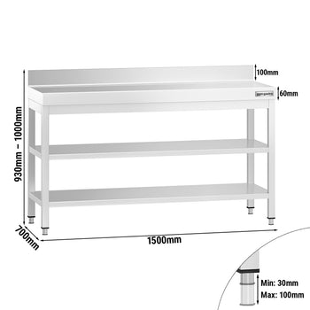 Stół roboczy ze stali nierdzewnej PREMIUM - 1500x700 mm - z półką dolną, panelem tylnym i półką pośrednią - Prime Gastro