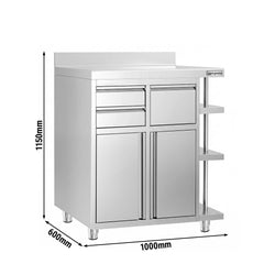 Szafka robocza – na ekspres do kawy – 1000 x 600 mm – z 2 drzwiami skrzydłowymi, 2 szufladami, wybijakiem, 3 półkami i listwą krawędziową