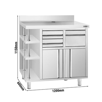 Szafka robocza - na ekspres do kawy - 1000x600 mm - z kołatką, 2 szufladami, 2 drzwiczkami i panelem tylnym - Prime Gastro