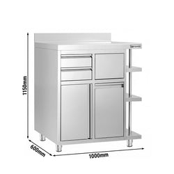 Szafka robocza – na ekspres do kawy – 1000 x 600 mm – z 1 drzwiami skrzydłowymi, 2 szufladami, koszem na śmieci, 3 półkami i obramowaniem