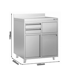 Szafka robocza – na ekspres do kawy – 1000 x 600 mm – z 1 drzwiami skrzydłowymi, 2 szufladami, koszem na śmieci i listwą górną