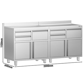 Szafka robocza – do ekspresu do kawy – 2000 x 600 mm – z 4 szufladami, 2 drzwiami, 2 koszami na śmieci i panelem tylnym