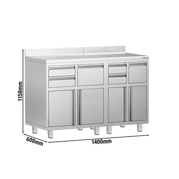 Szafka robocza – do ekspresu do kawy – 1400 x 600 mm – z 4 szufladami, 2 drzwiami, 2 koszami na śmieci i panelem tylnym