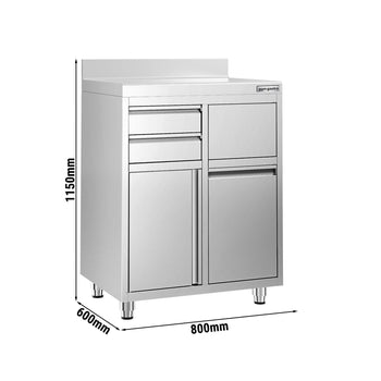 Szafka robocza – pod ekspres do kawy – 800 x 600 mm – z 2 szufladami, 1 drzwiami, koszem na śmieci i listwą przypodłogową - Prime Gastro