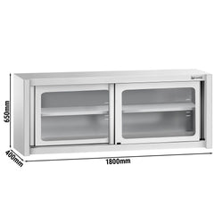 Szafka wisząca ze stali nierdzewnej – 1800 x 400 mm – z przesuwanymi drzwiami szklanymi – wysokość 650 mm