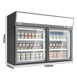 Supermarket - Naścienna witryna mroźnicza – 1450 mm – 232 litry – z 2 drzwiami i 2 półkami – szara