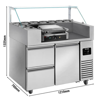Stół przygotowawczy – 1210 mm – 1 drzwi i 2 szuflady – na 9 pojemników GN 1/6 – wraz z grillem kontaktowym