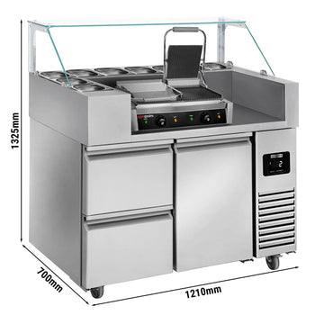 Stół przygotowawczy – 1210 mm – 1 drzwi i 2 szuflady – na 9 pojemników GN 1/6 – wraz z grillem kontaktowym