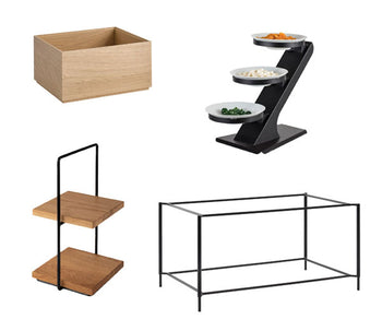 Etażerki, drewniane pojemniki i stojaki bufetowe	