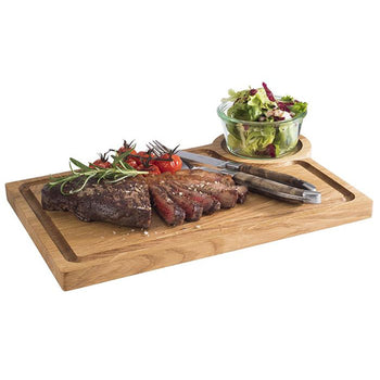 (6 sztuk) Deska do serwowania - DĄB - 370 x 250 mm - z rowkiem na sok i wycięciem na koszyk do serwowania 40601#6 - Prime Gastro