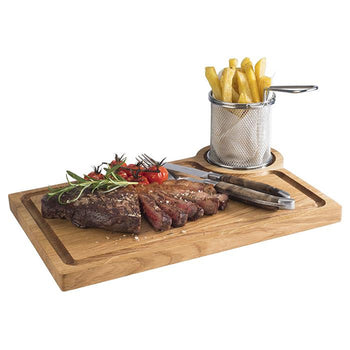 (6 sztuk) Deska do serwowania - DĄB - 370 x 250 mm - z rowkiem na sok i wycięciem na koszyk do serwowania 40601#6 - Prime Gastro