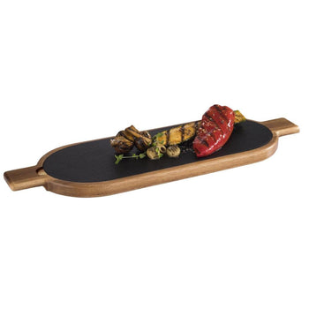(6 sztuk) Deska do serwowania - FUSIONA - zestaw 2-częściowy - z naturalną płytą łupkową - 400 x 150 mm - owalna - Prime Gastro