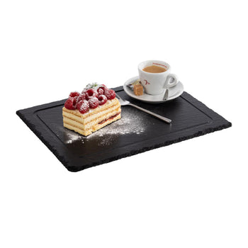 (6 sztuk) Płyta z naturalnego łupka - 330 x 240 mm - z 1 występem Ø 60 mm i rowkiem odprowadzającym sok - czarna - Prime Gastro