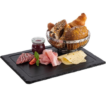 (6 sztuk) Płyta z naturalnego łupka - 330 x 240 mm - z 1 występem Ø 60 mm i rowkiem odprowadzającym sok - czarna - Prime Gastro