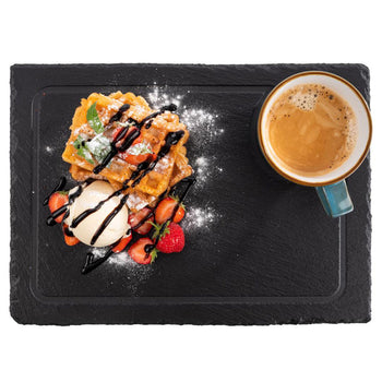 (6 sztuk) Płyta z naturalnego łupka - 330 x 240 mm - z 1 występem Ø 60 mm i rowkiem odprowadzającym sok - czarna - Prime Gastro