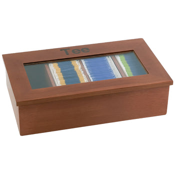 Pudełko na herbatę - drewno - 4 przegródki - z okienkiem i grawerunkiem - ciemnobrązowe - Prime Gastro