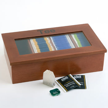 Pudełko na herbatę - drewno - 4 przegródki - z okienkiem i grawerunkiem - ciemnobrązowe - Prime Gastro