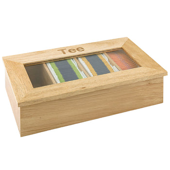 Pudełko na herbatę - drewno - 4 przegródki - z okienkiem i grawerem - brązowe - Prime Gastro