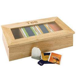 Pudełko na herbatę - drewno - 4 przegródki - z okienkiem i grawerem - brązowe