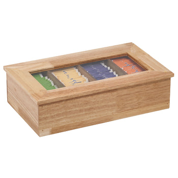 Pudełko na herbatę - drewno - 4 przegródki - z okienkiem - bez grawerunku - brązowe - Prime Gastro