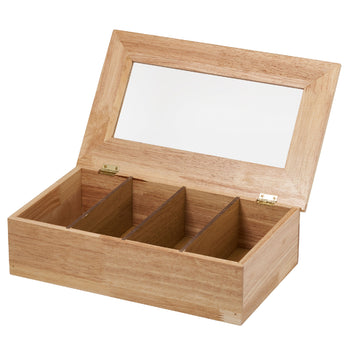 Pudełko na herbatę - drewno - 4 przegródki - z okienkiem - bez grawerunku - brązowe - Prime Gastro
