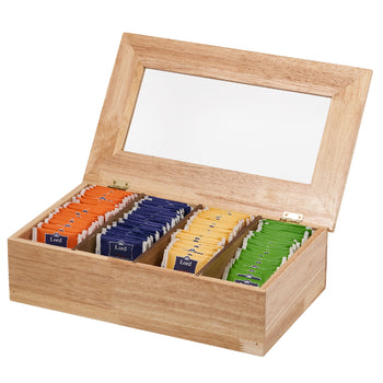 Pudełko na herbatę - drewno - 4 przegródki - z okienkiem - bez grawerunku - brązowe - Prime Gastro