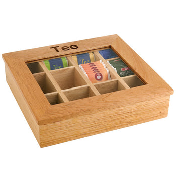 Pudełko na herbatę - drewno - 12 przegródek - z okienkiem i grawerunkiem - brązowe - Prime Gastro